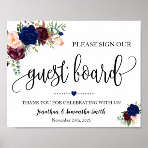 Sign our Guest board wedding shower navy burgundy