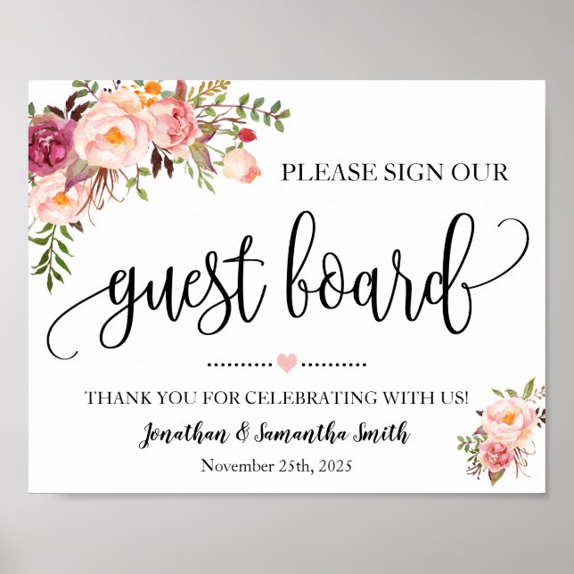 Sign our Guest board wedding shower pink floral (Front)
