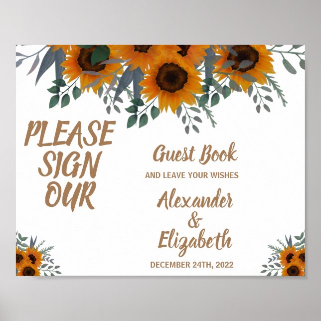Sign our Guest Book Wedding Sunflowers Greenery (Front)