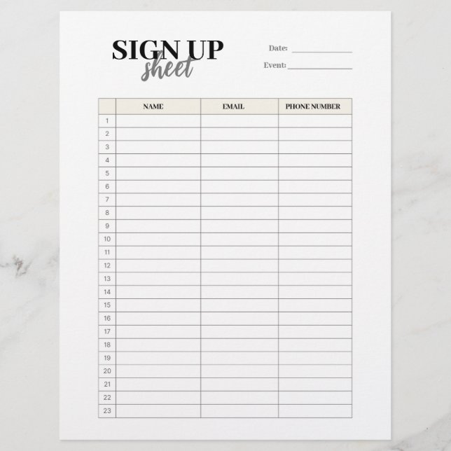 Sign up form template letterhead (Front)