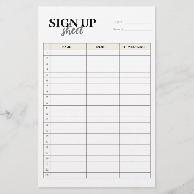 Sign up form template stationery (Front)