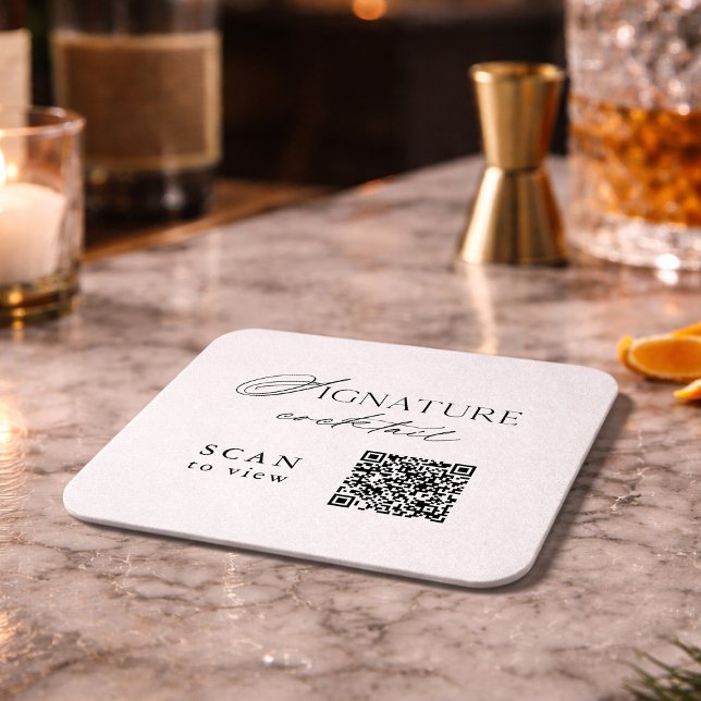 Signature Cocktail QR Code Wedding Square Paper Coaster (Creator Uploaded)