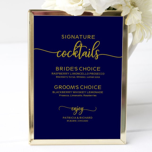Signature Cocktails Gold Navy Blue Wedding Sign (Creator Uploaded)