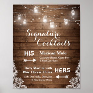 Signature Cocktails Rustic String Lights Lace Poster