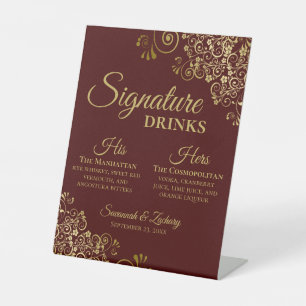 Signature Drinks Auburn Brown & Gold Wedding Bar Pedestal Sign