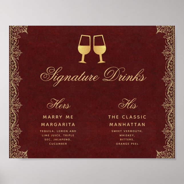 Signature Drinks Burgundy Gold Script Wedding Sign (Front)