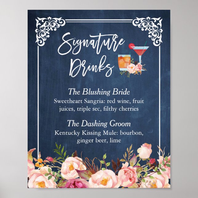 Signature Drinks Cocktail Floral Navy Blue Wedding Poster (Front)