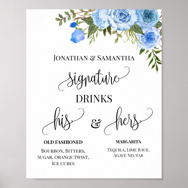 Signature Drinks Couples Wedding Blue Floral Sign (Front)