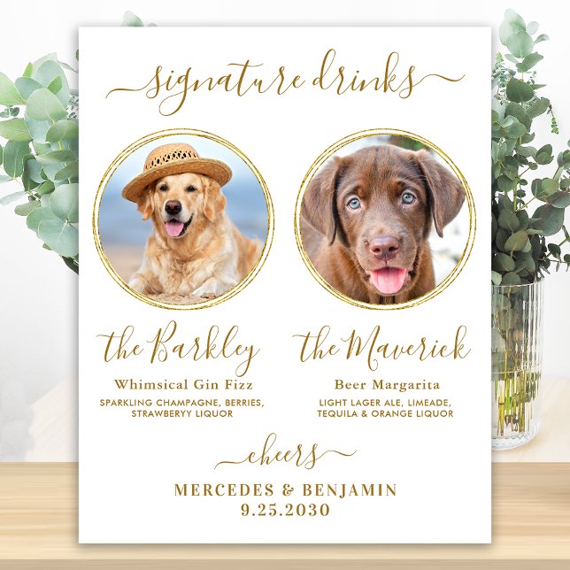 Signature Drinks Custom Photo Gold Pet Wedding Bar Poster (Creator Uploaded)