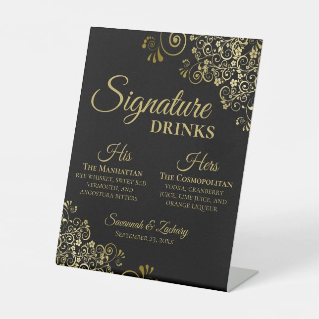 Signature Drinks Elegant Black & Gold Wedding Bar Pedestal Sign (Front)