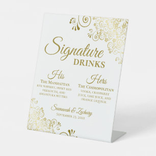 Signature Drinks Elegant Gold & White Wedding Bar Pedestal Sign