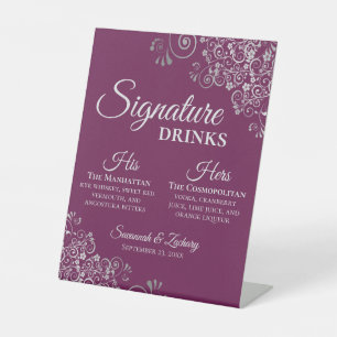 Signature Drinks Elegant Magenta & Silver Wedding Pedestal Sign
