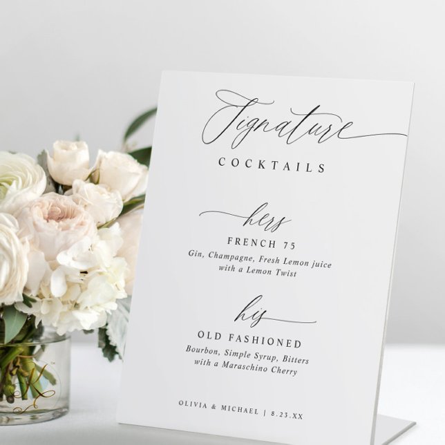 Signature Drinks Elegant Modern Bar Menu Wedding Pedestal Sign (Modern black and white wedding signature drinks sign with elegant handwritten script typography)