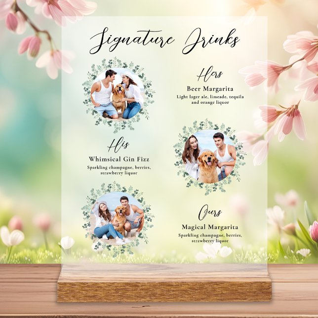Signature Drinks Elegant Pet Wedding 3 Photos Acrylic Sign (Creator Uploaded)