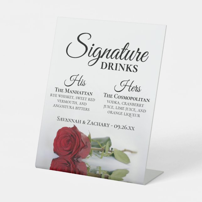 Signature Drinks Elegant Red Rose Wedding Pedestal Sign (Front)