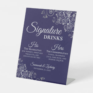 Signature Drinks Elegant Silver & Navy Wedding Pedestal Sign