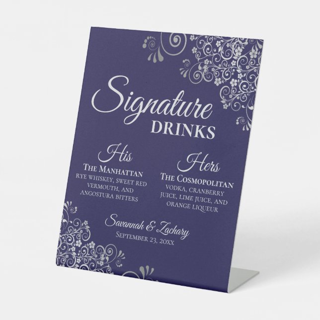 Signature Drinks Elegant Silver & Navy Wedding Pedestal Sign (Front)