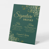 Signature Drinks Emerald Green & Gold Wedding Bar