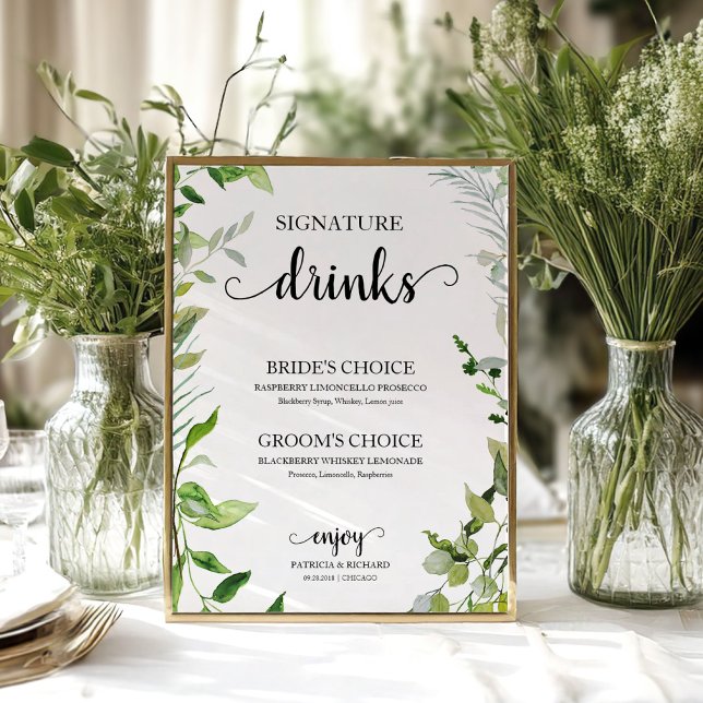 Signature Drinks Greenery Watercolor Elegant Poster (Creator Uploaded)