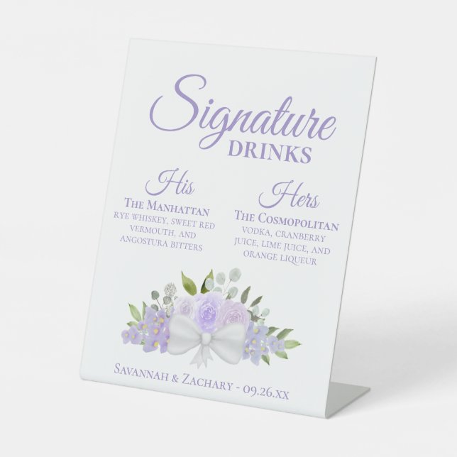 Signature Drinks Lavender Roses & Blossoms Wedding Pedestal Sign (Front)