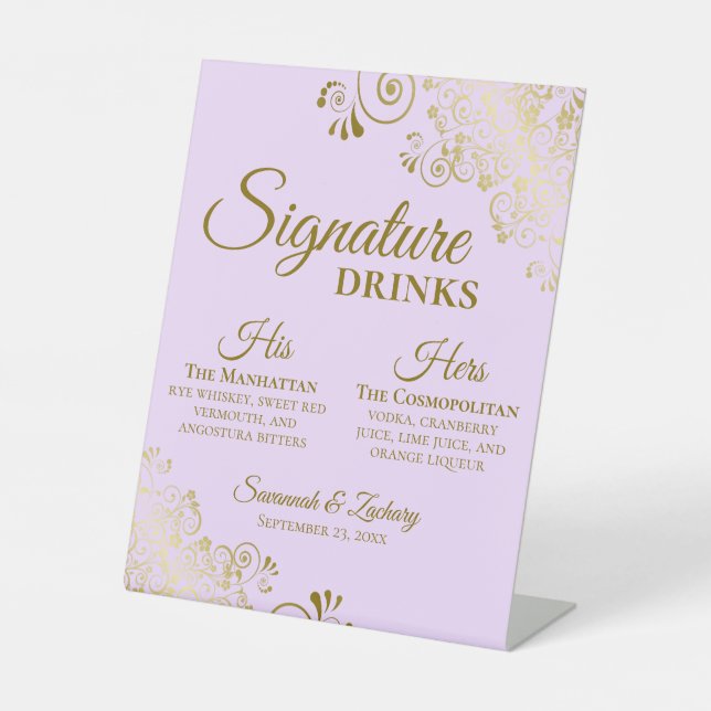 Signature Drinks Lilac Purple & Gold Wedding Bar Pedestal Sign (Front)