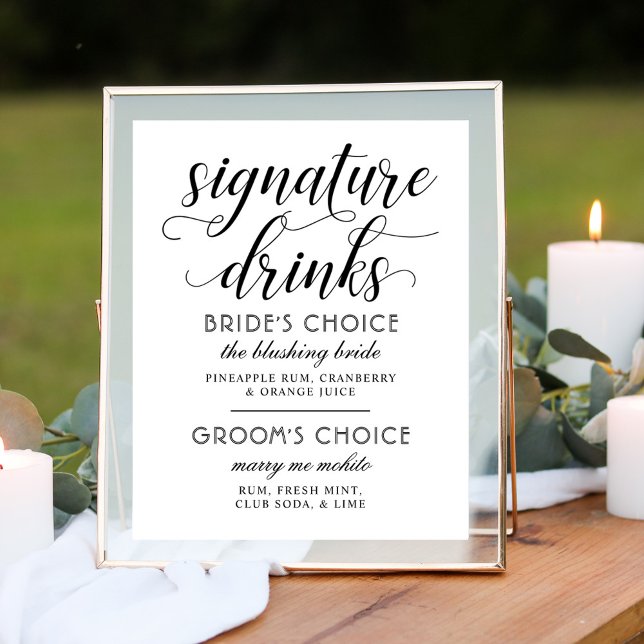 Signature Drinks Modern Black White Script Wedding Poster (Creator Uploaded)