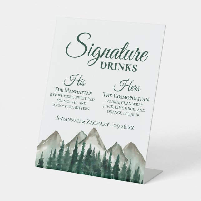 Signature Drinks Mountains & Pine Wedding Pedestal Sign (Front)