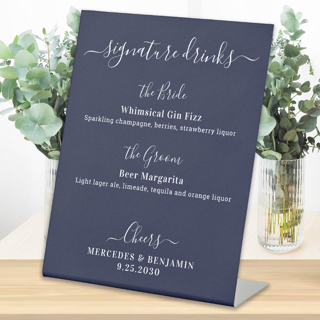 Signature Drinks Personalize Navy Blue Wedding Bar Pedestal Sign (Creator Uploaded)