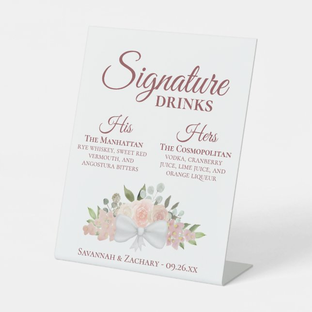Signature Drinks Pink Roses & Blossoms Wedding Pedestal Sign (Front)