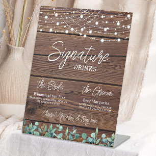 Signature Drinks String Lights Eucalyptus Wedding  Pedestal Sign