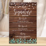 Signature Drinks String Lights Rustic Wedding Bar  Poster<br><div class="desc">Signature Drinks ! Modern yet rustic eucalyptus and string lights on country rustic wood with elegant calligraphy, this signature drink bar sign features two cocktails 'the Bride' and 'the Groom', personalized with your drinks of choice. Customize this elegant wedding sign with your names and signature drinks! COPYRIGHT © 2020 Judy...</div>