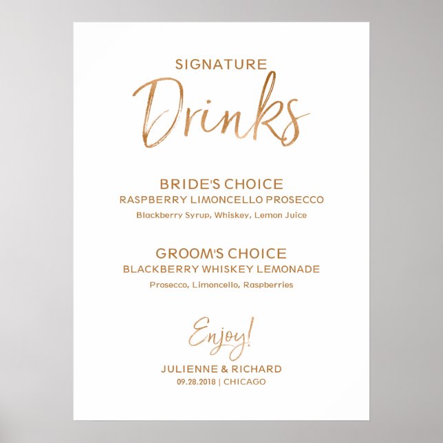 Signature Drinks | Stylish Gold Rose Lettered Poster (Front)