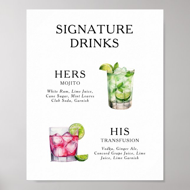 Signature Drinks Wedding Cocktail Menu Poster (Front)