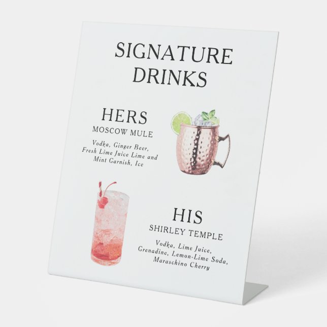 Signature Drinks Wedding Cocktail Menu Poster Pedestal Sign (Front)