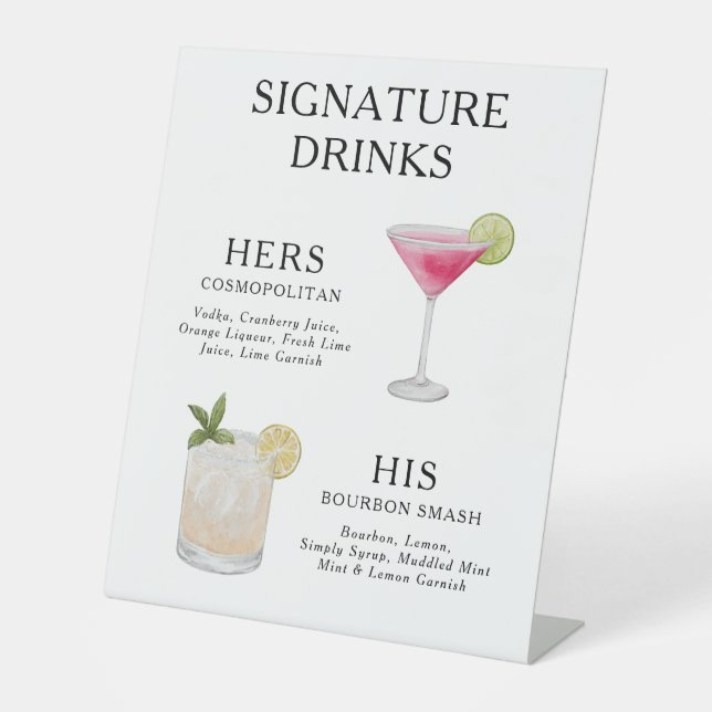 Signature Drinks Wedding Cocktail Menu Poster Pedestal Sign (Front)