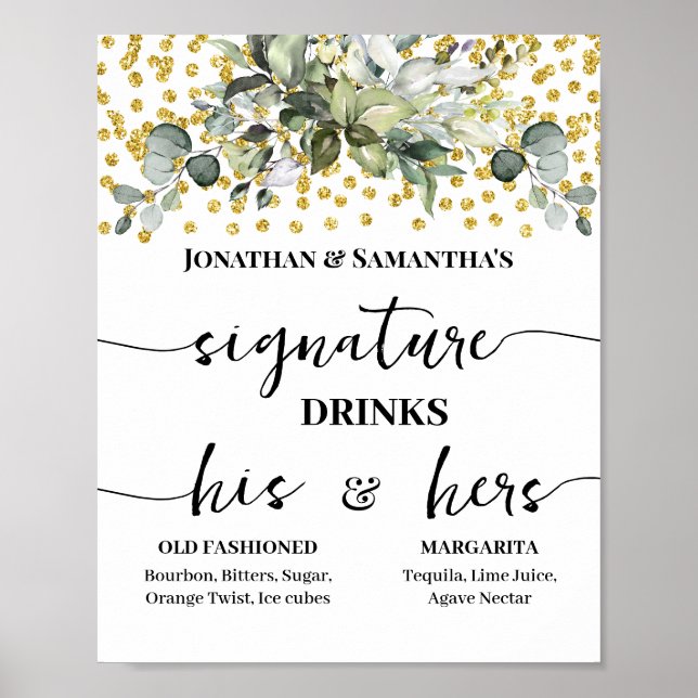 Signature Drinks Wedding Reception Eucalyptus Gold Poster (Front)