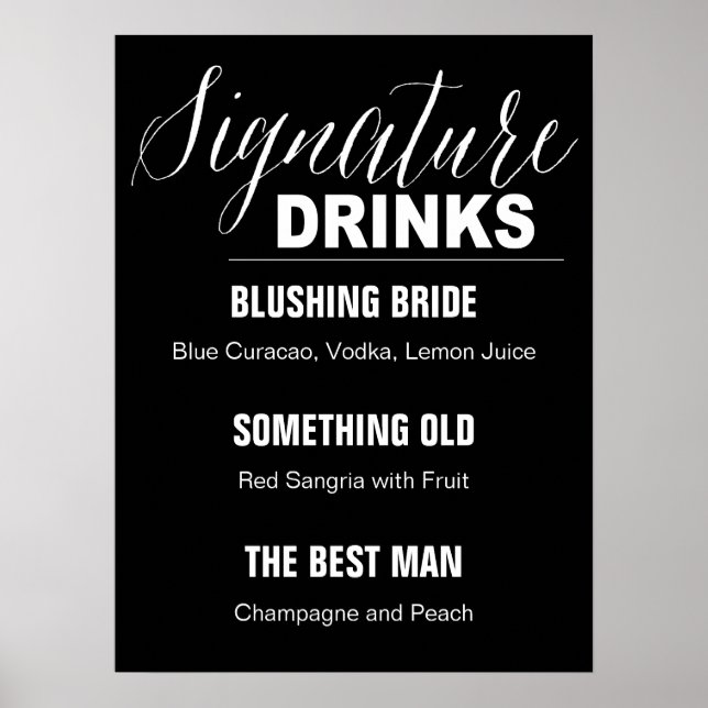 Signature Drinks Wedding sign black background (Front)