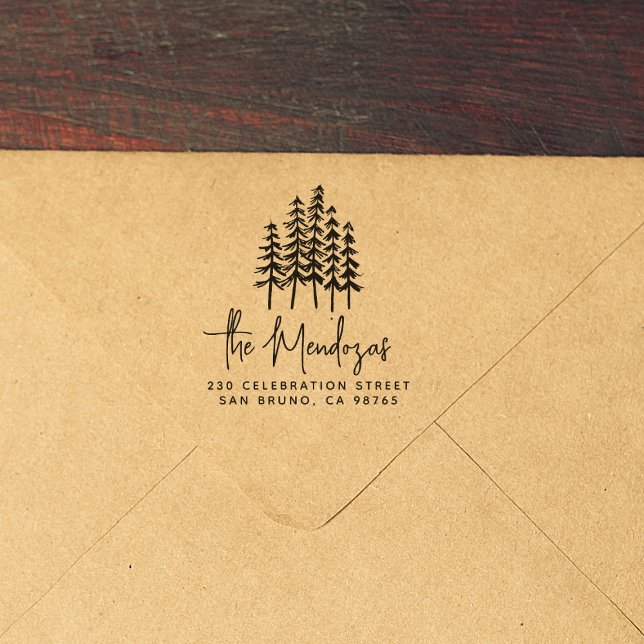 Signature Family Name & Pine Trees Return Address Rubber Stamp (Stamp Mockup)