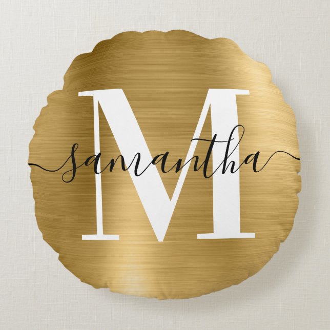 Signature Modern Monogram Gold Foil Photo Round Pillow (Front)