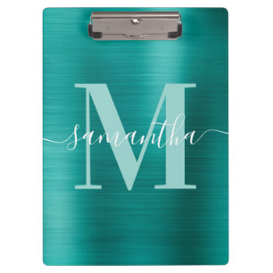 Signature Monogram Aqua Teal Shimmer Foil  Clipboard