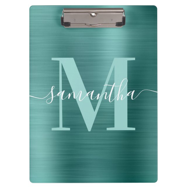 Signature Monogram Aqua Teal Shimmer Foil  Clipboard (Front)