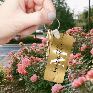 Signature Monogram Gold Foil Thin Rectangle Keychain