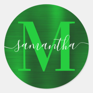 Signature Monogram Green Foil Classic Round Sticker