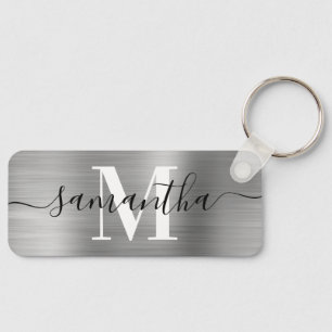 Signature Monogram Silver Foil Thin Rectangle Keychain