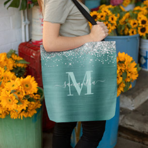 Signature Monogram Silver Glitter Aqua Teal Foil Tote Bag