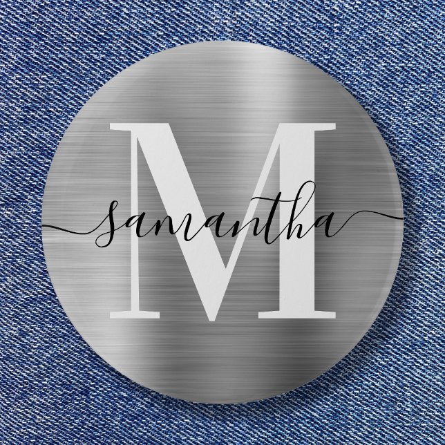 Signature Monogram Silver Shimmer Foil  2 Inch Round Button (Signature Monogram Silver Shimmer Foil Button)