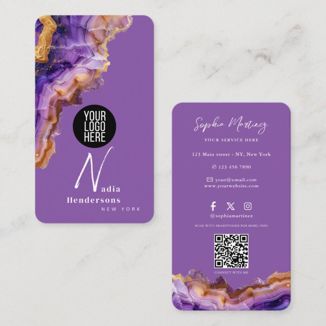 Signature Purple Agate gold marble & QR Code Logo Business Card (Front/Back)
