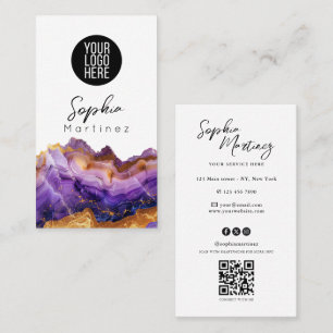 Signature Purple Agate gold marble & QR Code Logo Business Card