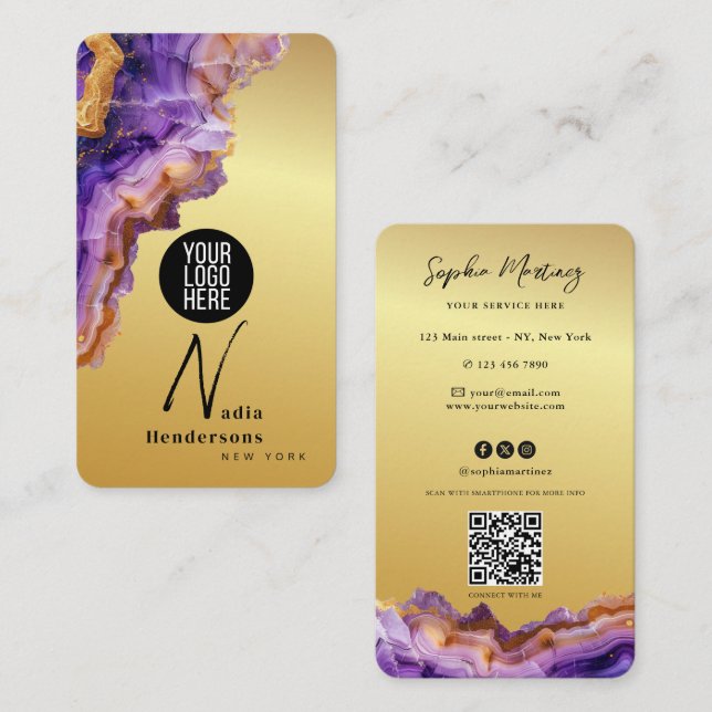 Signature Purple Agate gold marble & QR Code Logo Business Card (Front/Back)