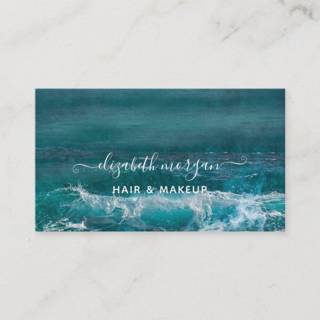 Signature Script Aqua Green Blue Modern Beach Busi Business Card (Front)